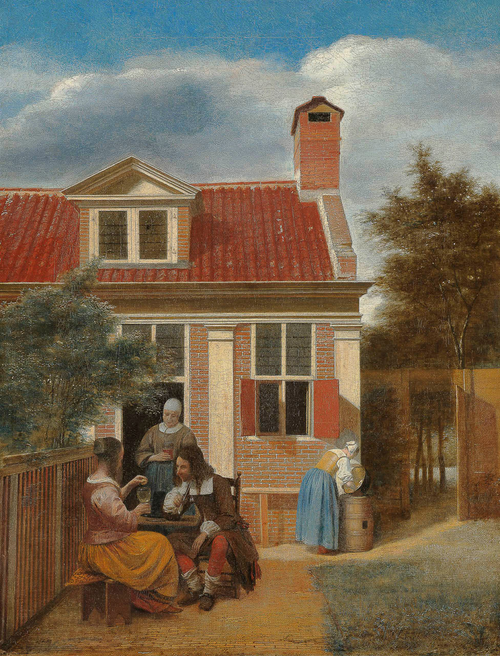 Een gezelschap op de plaats achter een huis