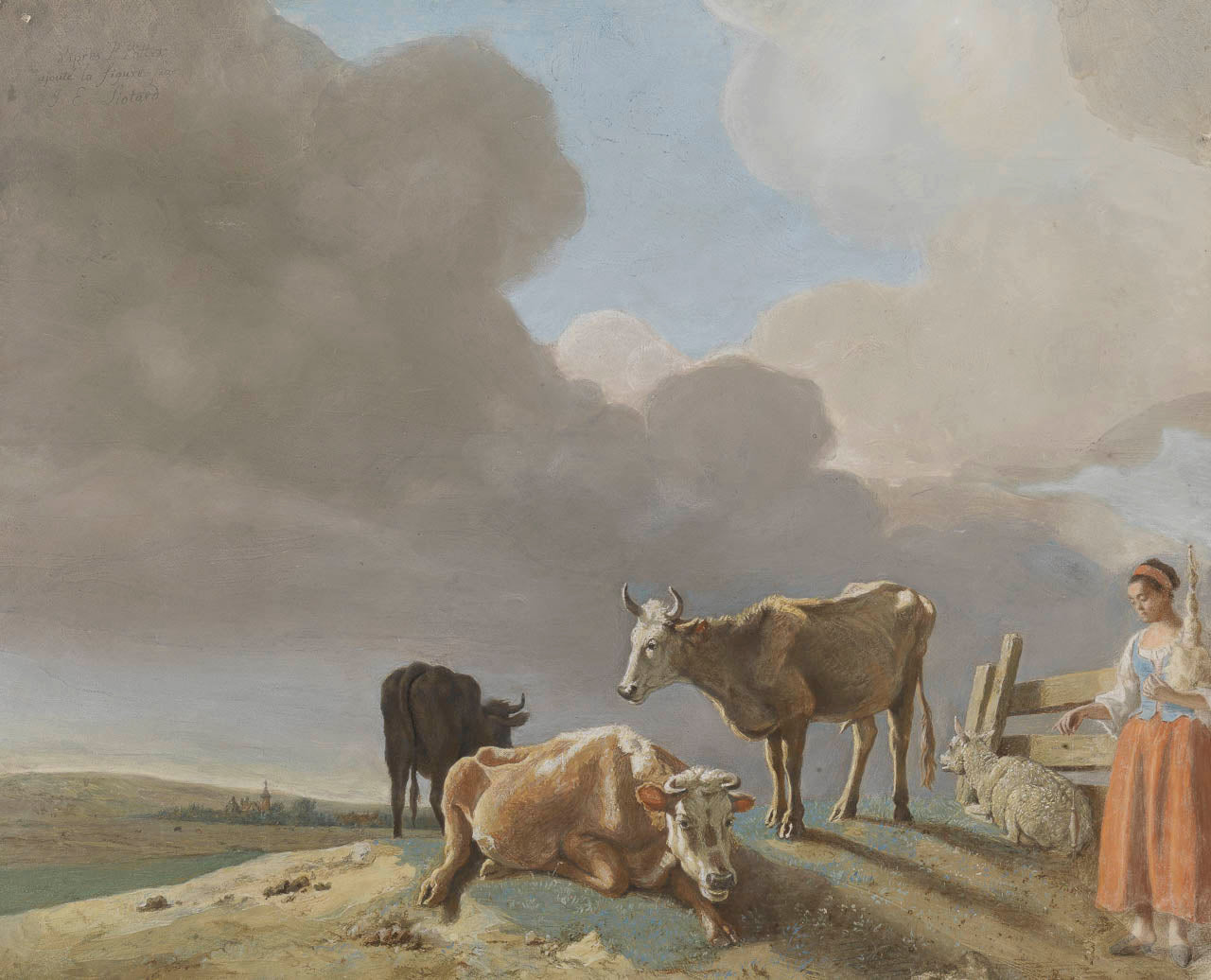 Landschap met koeien, schapen en herderin